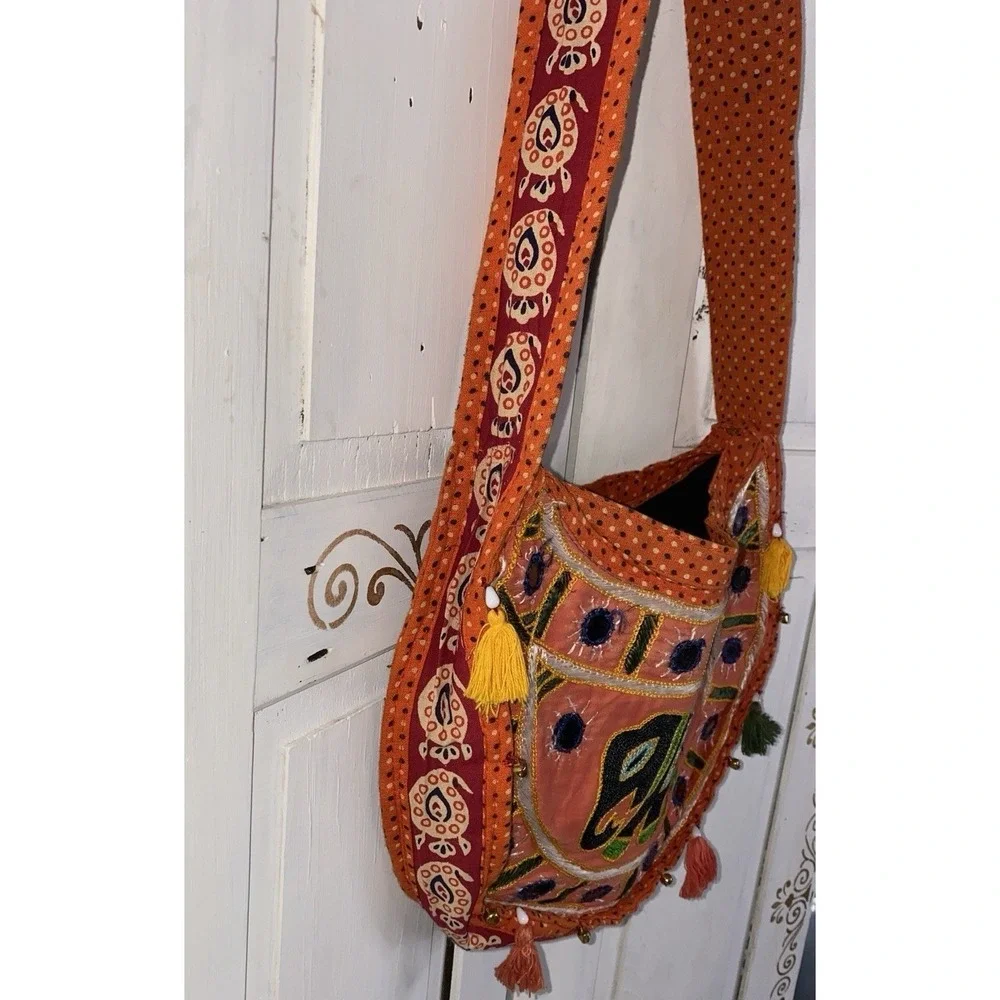 Vintage Embroidered Elephant Print Orange Sling Bag Purse Tassels, Mirror Dots